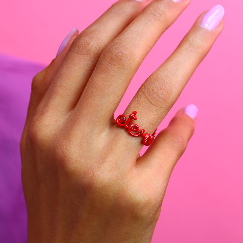 Eternity Written Word Ring Red Enamel and Silver by Hotlips by Solange on hand