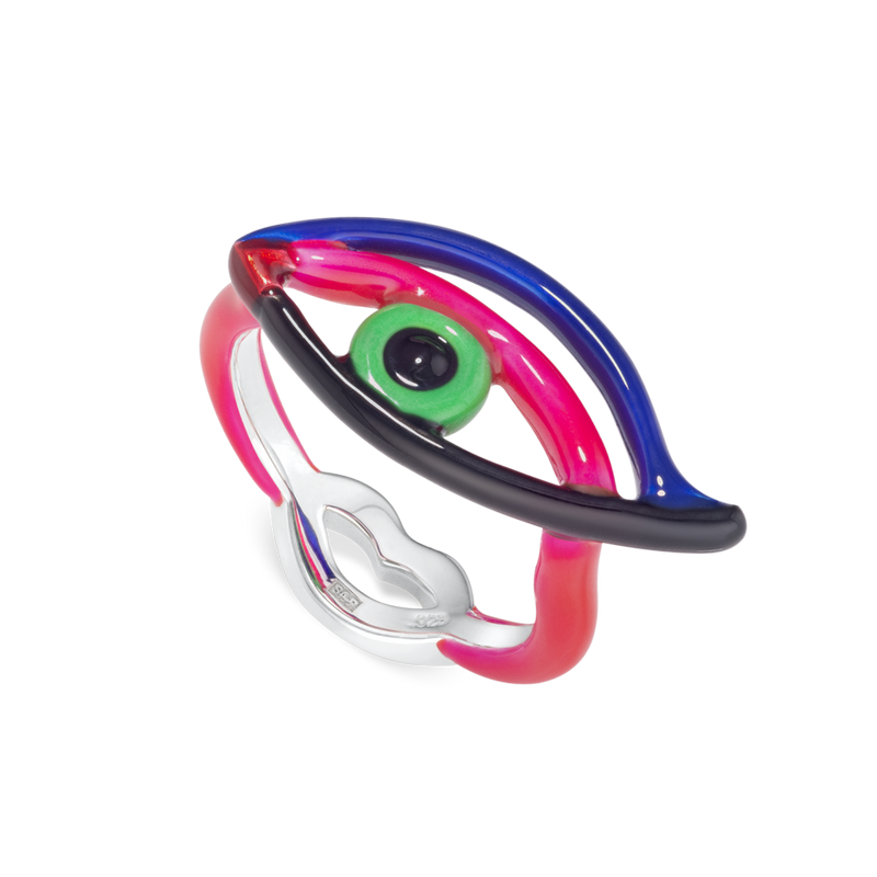 Eye Hotglyph Symbol Ring Silver and Enamel by Solange Azagury-Partridge angled view