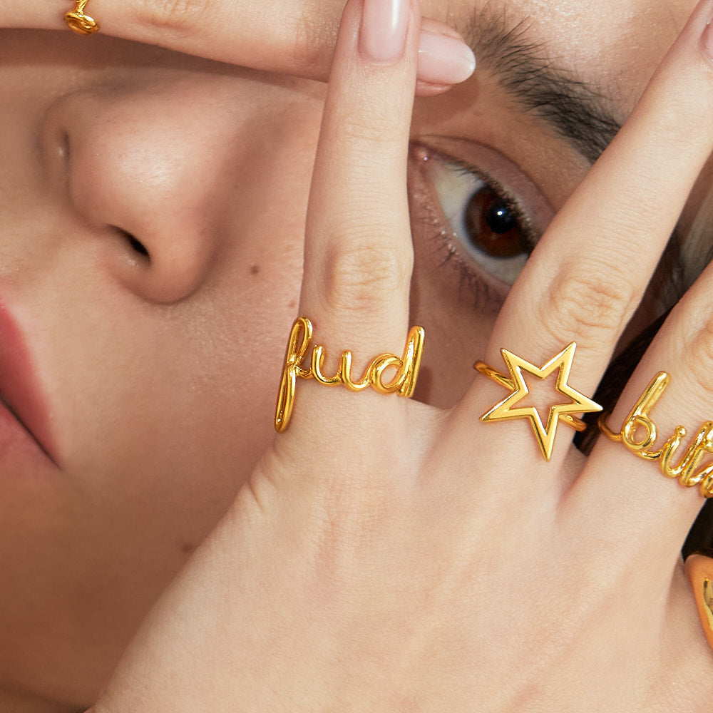 Fuck Cursive Word Hotscripts Ring in Gold Plated Silver Vermeil by Hotlips by Solange Style on Model with Star