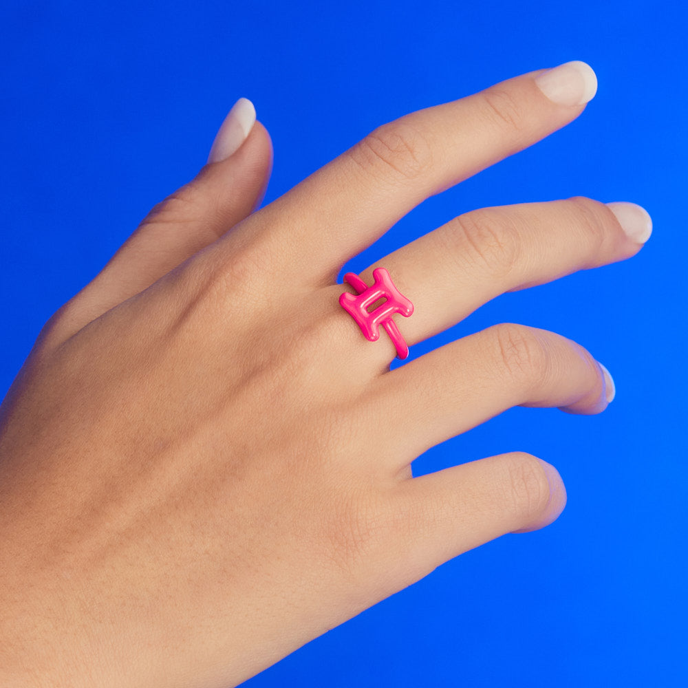 Gemini Hotglyph Ring Sterling Silver and Neon Pink Enamel by Hotlips by Solange on Hand