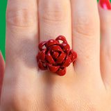Gift Bow Ring Red enamel and silver by Solange Azgury-Partridge on hand close up