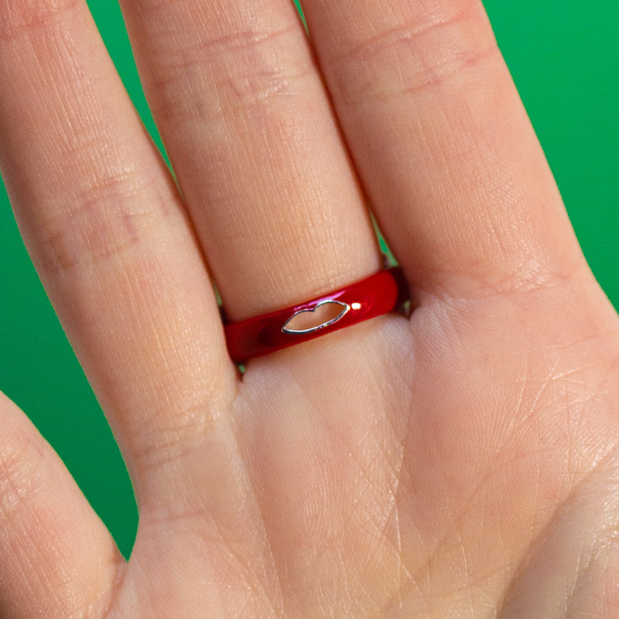 Gift Ring Red enamel and silver by Solange Azgury-Partridge on hand back view