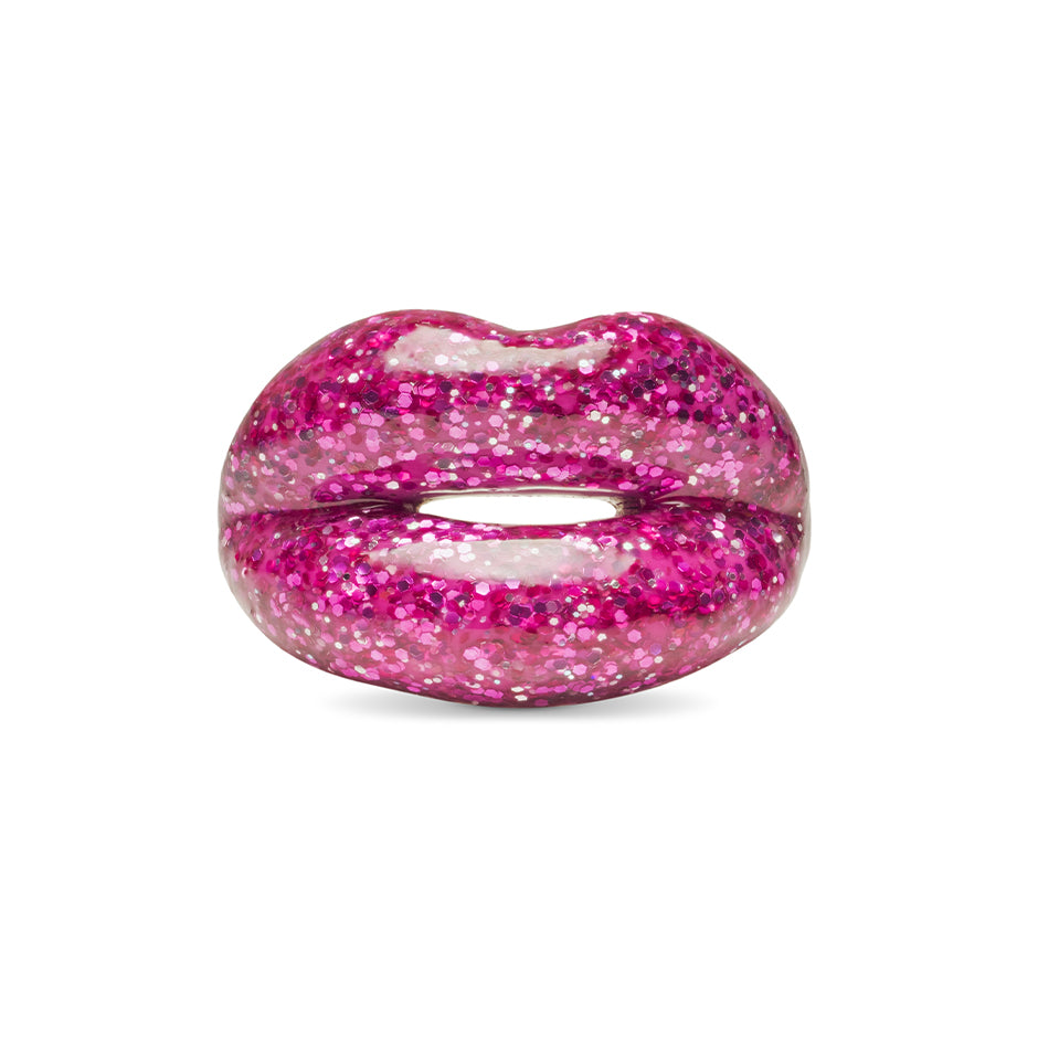 Glitter Pink silver and enamel Hotlips ring front view
