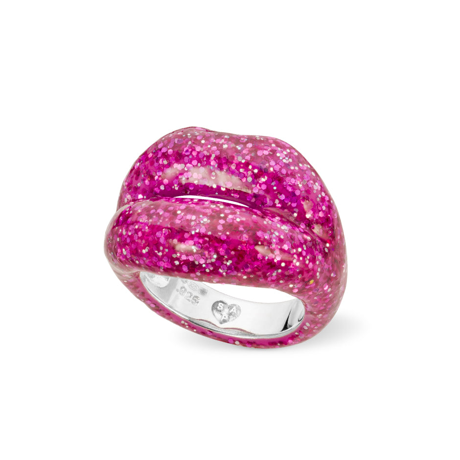 Glitter Pink silver and enamel Hotlips ring side view