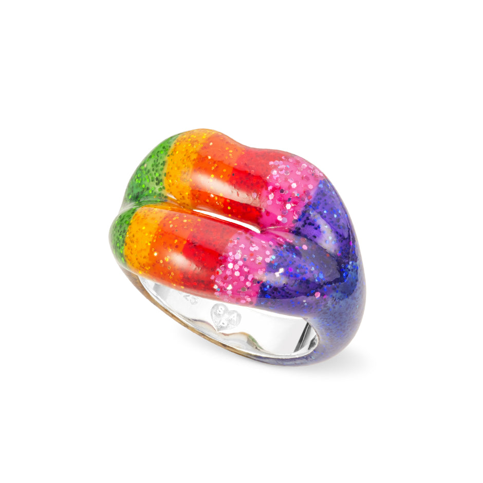 Glitter rainbow Hotlips ring by solange side view
