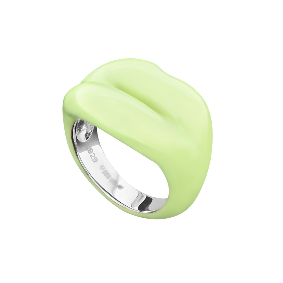 Glow in the Dark silver and enamel hotlips ring side view