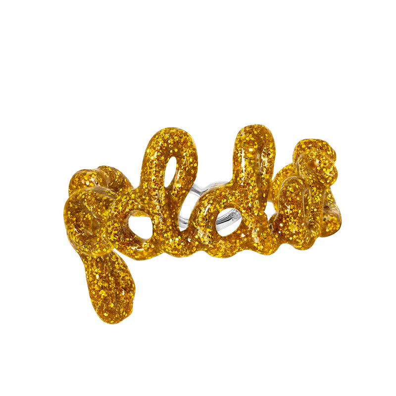 Glitter Gold Goddess enamel word Hotscripts ring by Solange front view