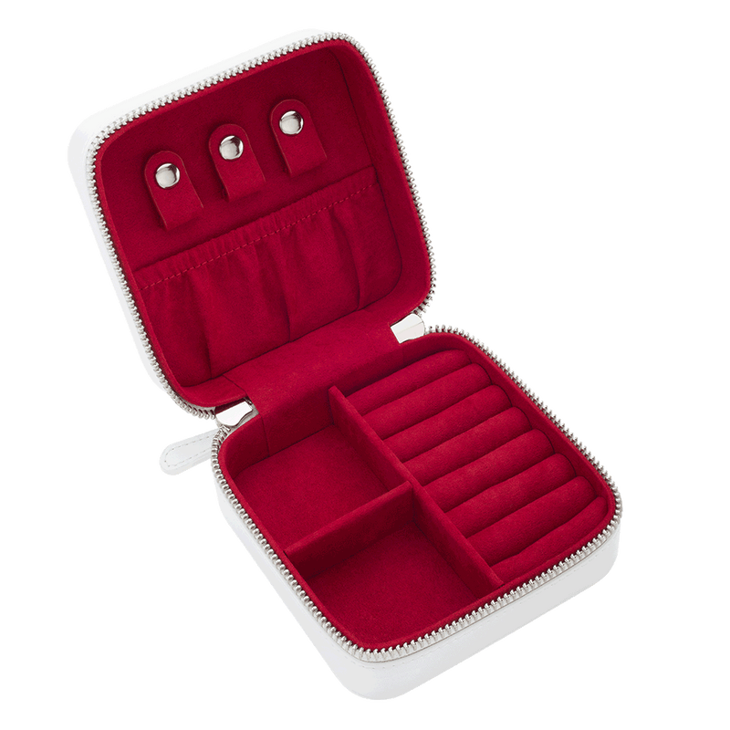 Hotlips by Solange Vegan White LEather Jewellery Travel Box With Zips Red Interior Empty