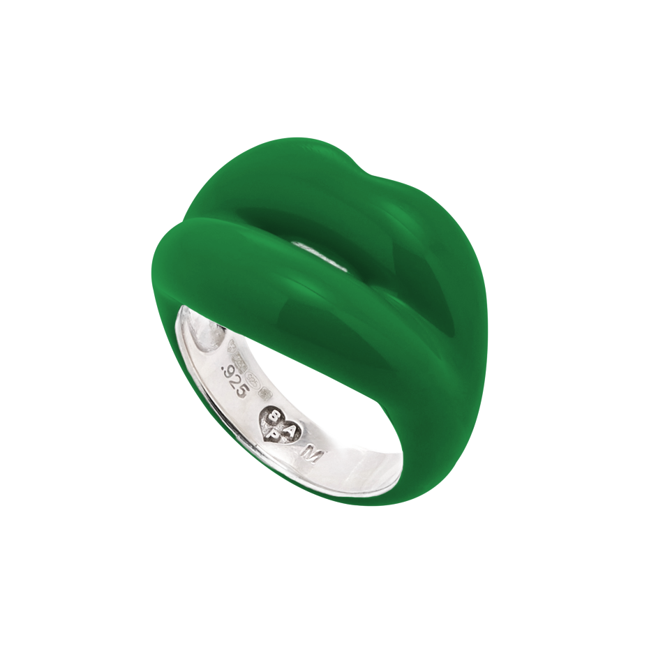Green silver and enamel Hotlips ring by Solange side view