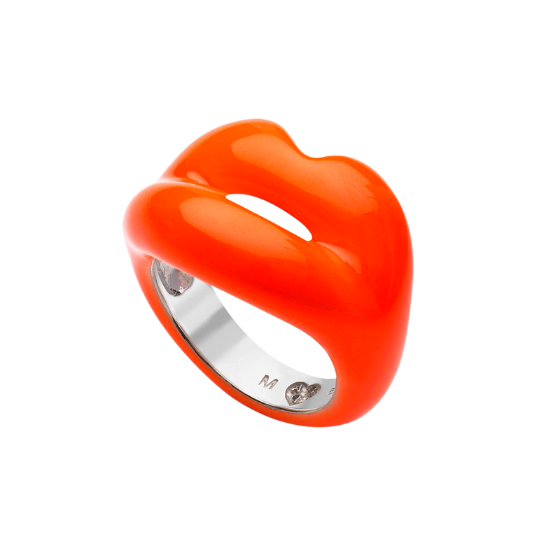 Neon Orange silver and enamel Hotlips ring side view