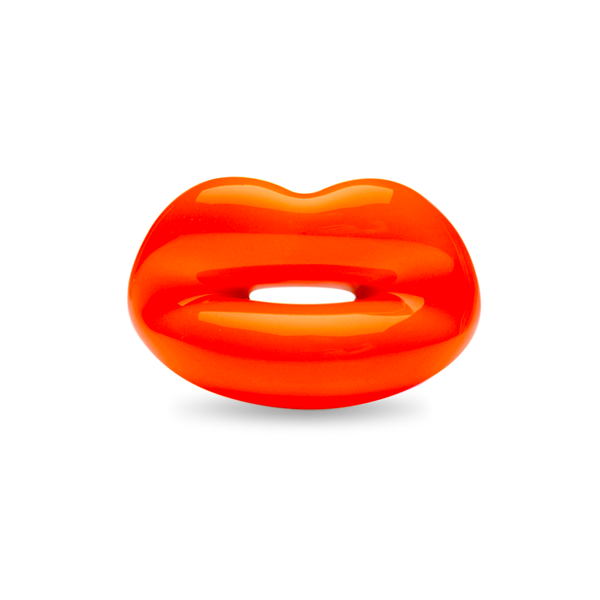Neon Orange silver and enamel Hotlips ring front view