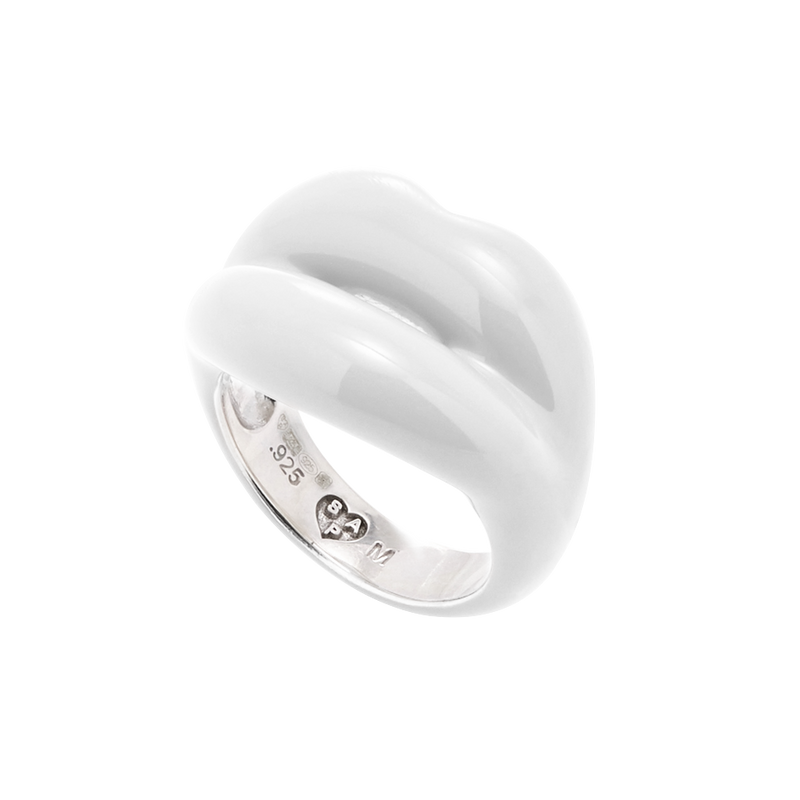 White Hotlips ring silver and enamel side view