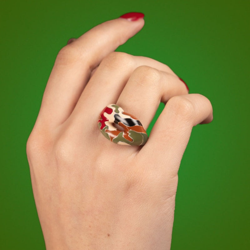 Camo pattern Hotlips by Solange lips shaped ring in sterling silver and enamel on hand