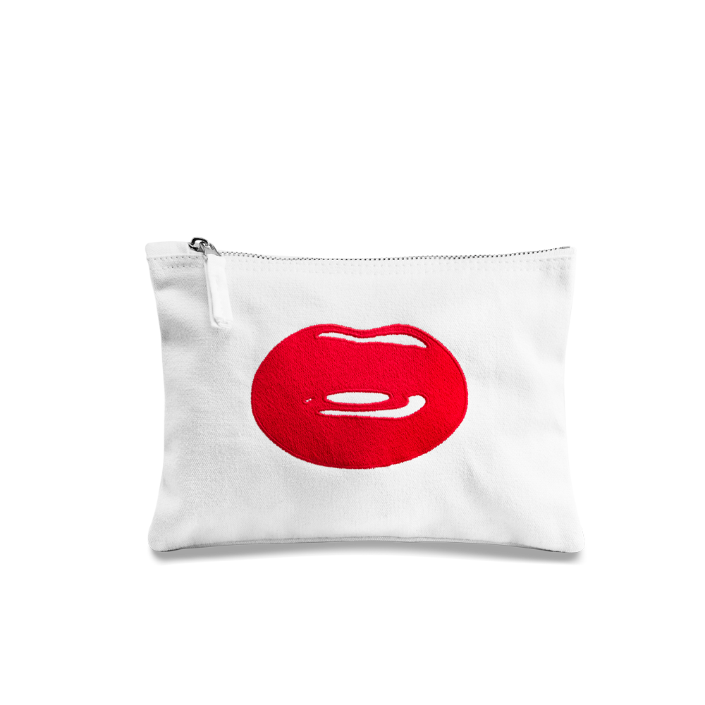 Hotlips Embroidered Lip Zip Pouch Bag white Front Image