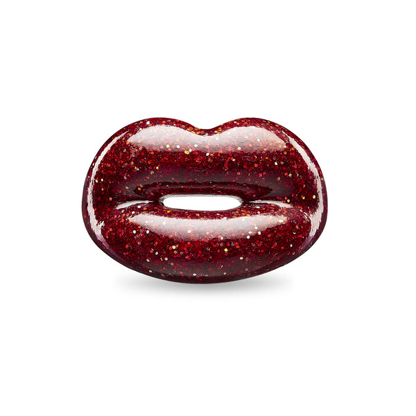 Glitter Red silver and enamel Hotlips ring front view