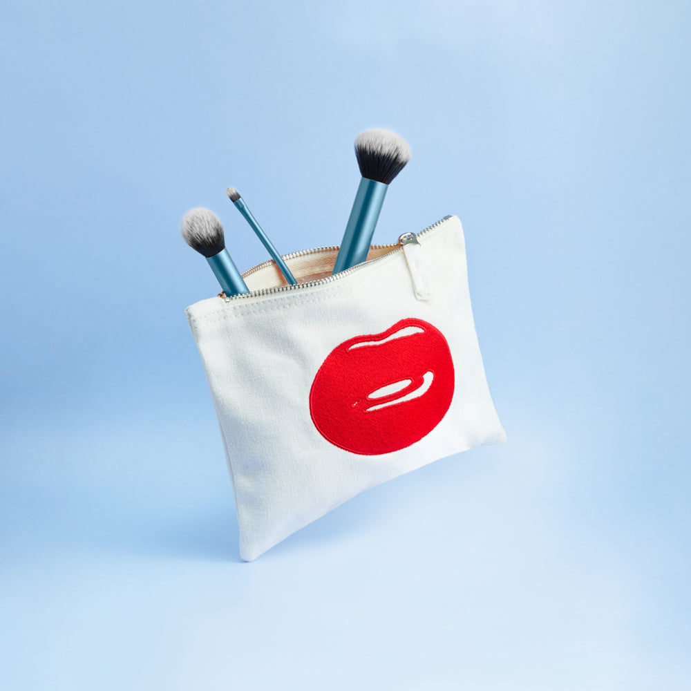 Hotlips Embroidered Lip Zip Pouch Bag white with makeup brushes