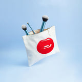 Hotlips Embroidered Lip Zip Pouch Bag white with makeup brushes