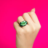 Leaf 420 Ring Silver and Glitter Green Enamel by Hotlips by Solange on hand
