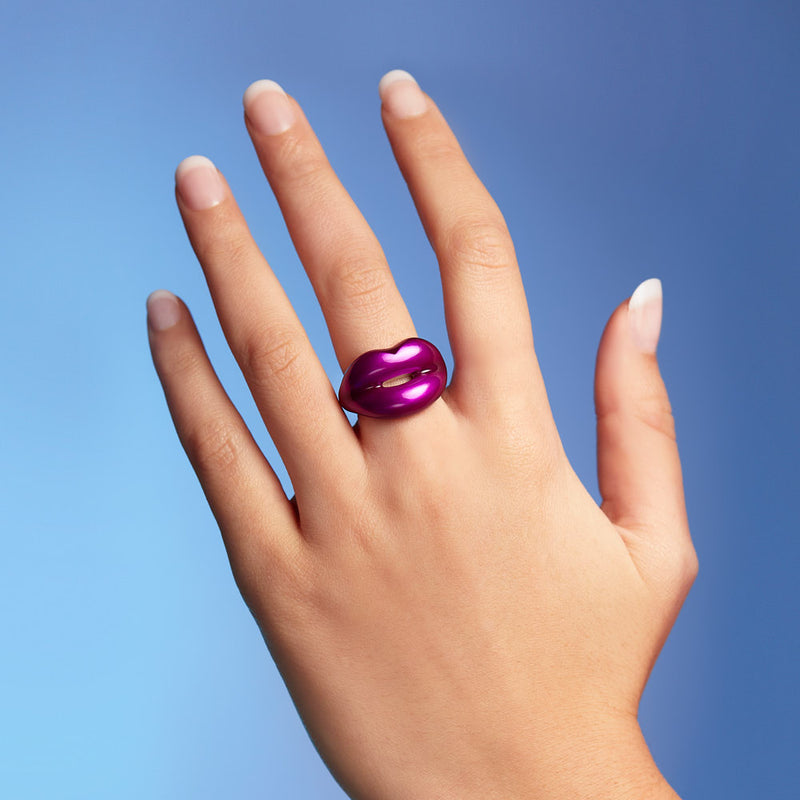 Purple Kiss Hotlips Ring by Solange Silver and Enamel on Hand