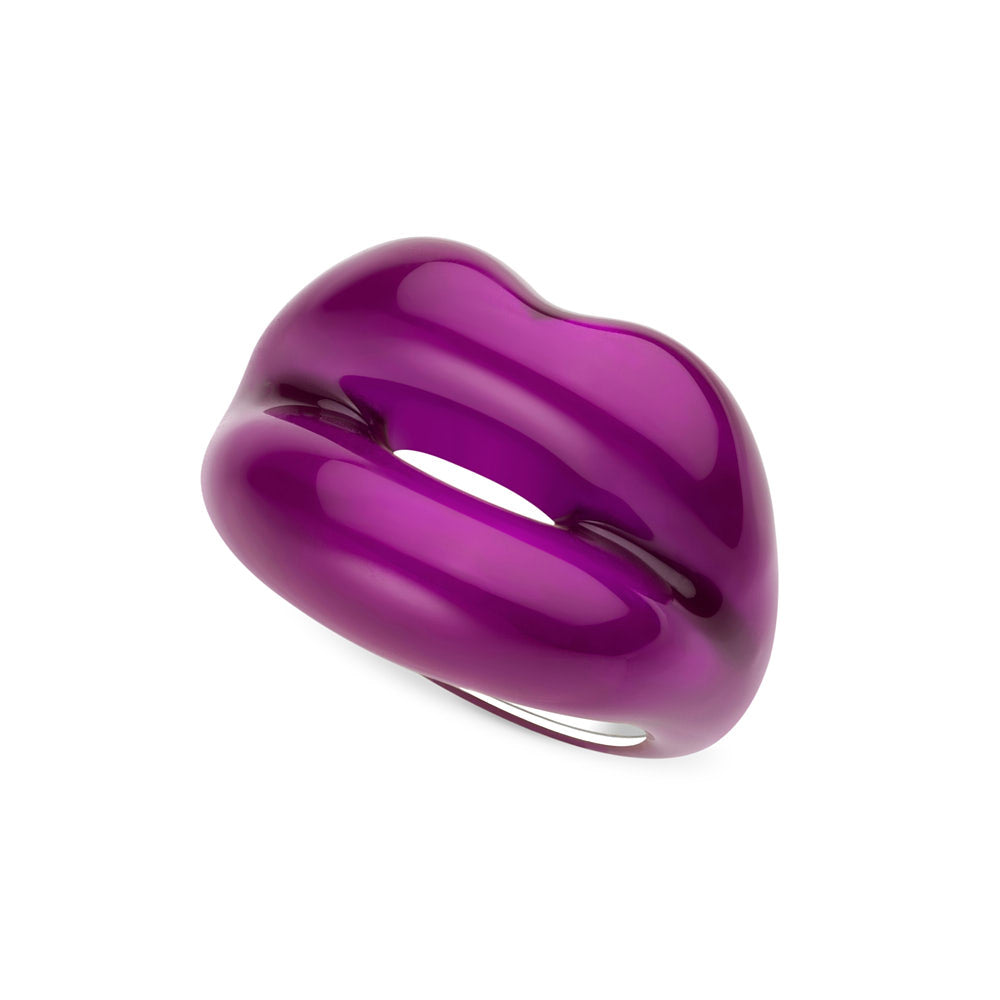 Purple Kiss Hotlips by Solange lip shaped ring silver and enamel top left view