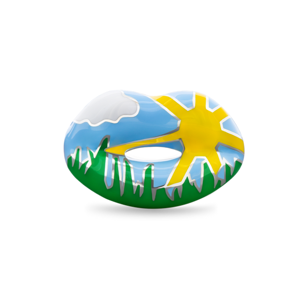 Summer Hotlips by Solange Enamel ring with sun cloud sky and grass front view