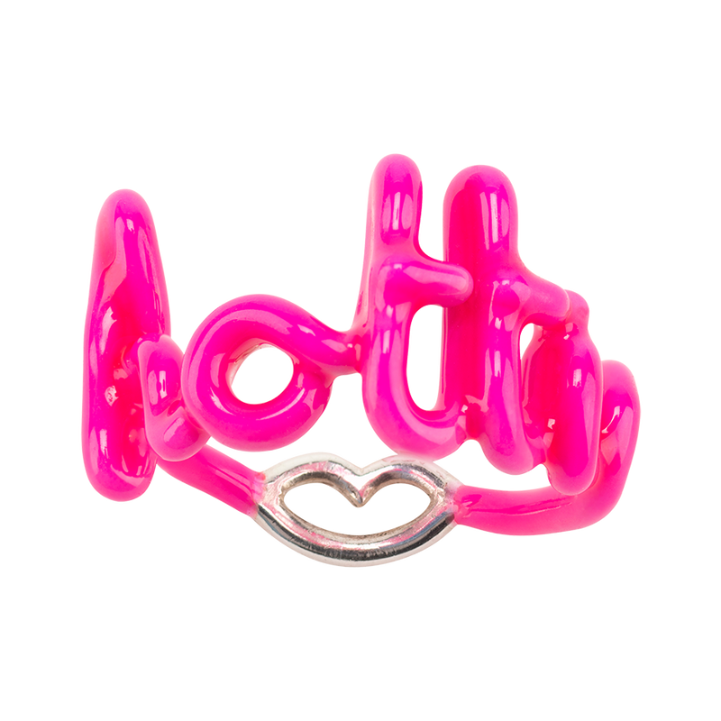 Hottie Hotscripts Ring in neon pink enamel front view