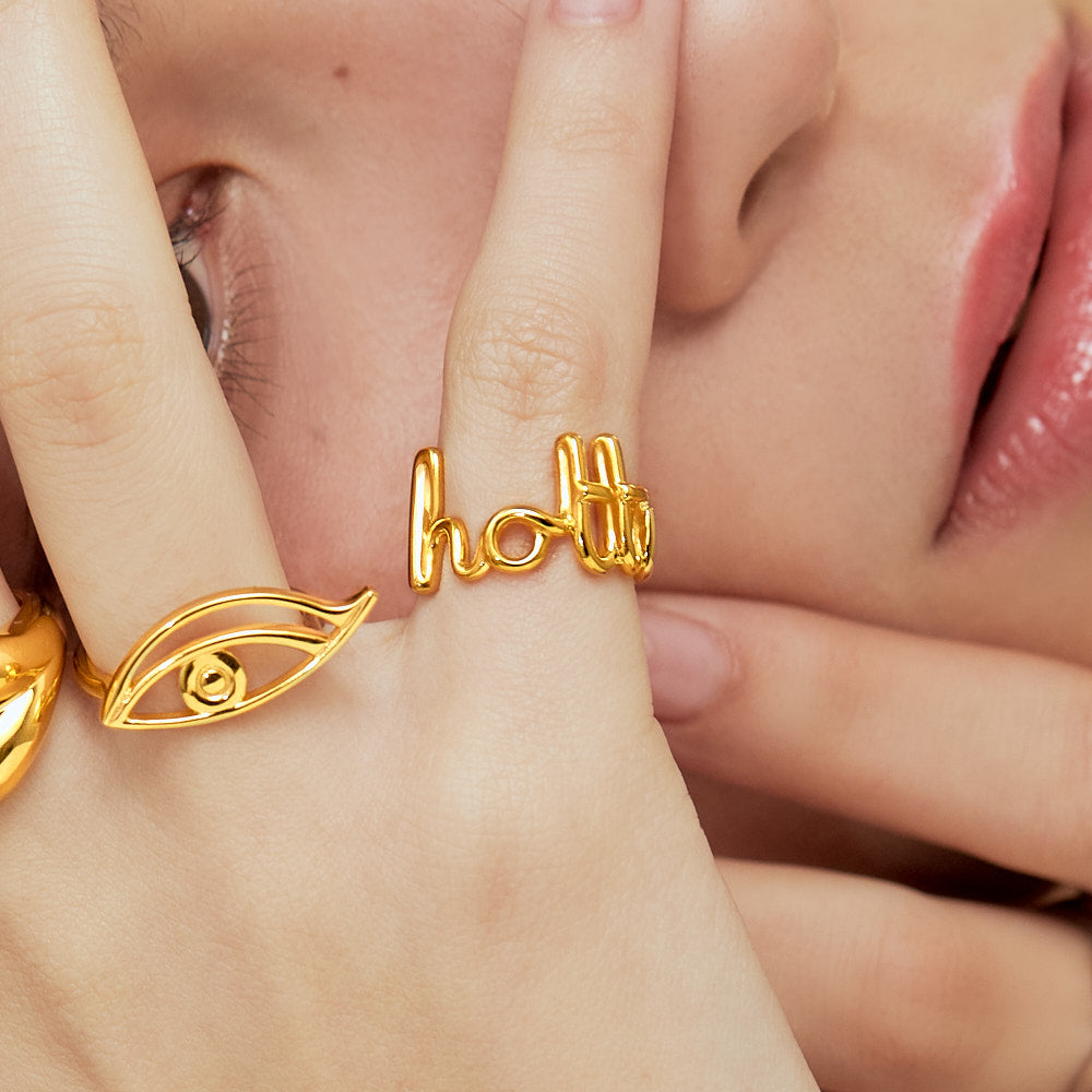 Hottie Cursive Word Hotscripts Ring in Gold Plated Silver Vermeil by Hotlips by Solange On Models Hand with Eye Ring
