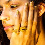 Glitter Gold Goddess enamel word Hotscripts ring and Gold Glitter Hotlips ring on model