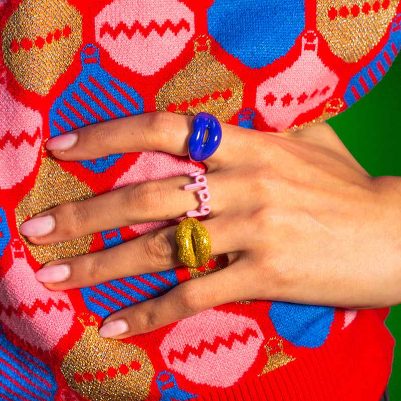 Babe royal blue and gold glitter Hotscripts and Hotlips ring on christmas jumper