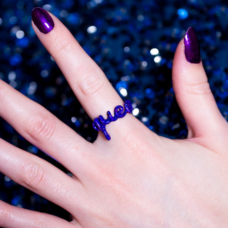 Queen Purple enamel Hotlips Ring by Solange on hand