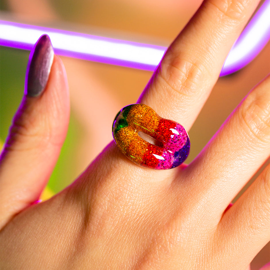 Glitter Rainbow Hotlips ring on hand