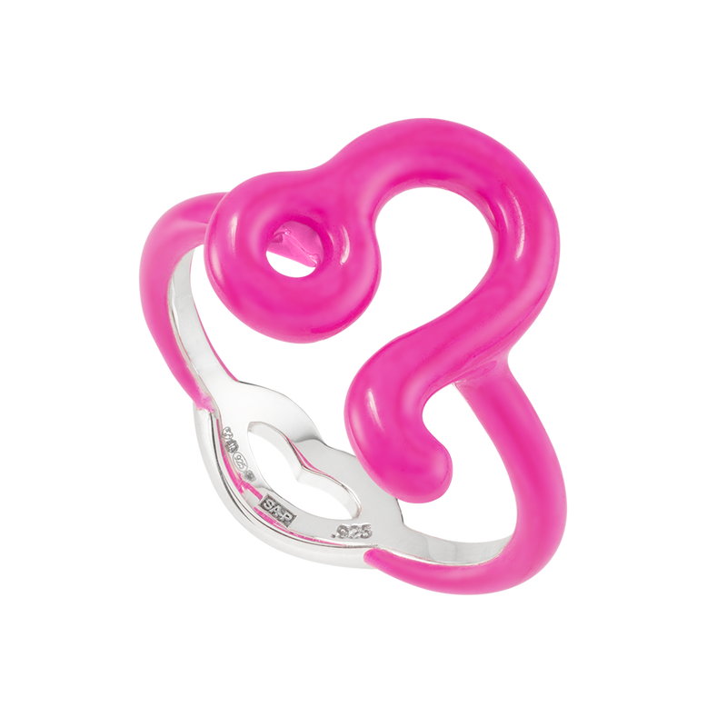 Leo Silver and Neon Pink Enamel Hotglyph Zodiac ring by Hotlips by Solange Angled View