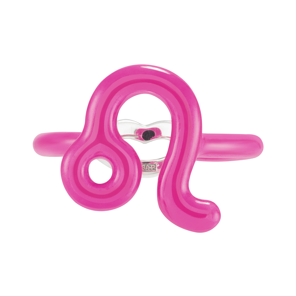 Leo Silver and Neon Pink Enamel Hotglyph Zodiac ring by Hotlips by Solange Front View