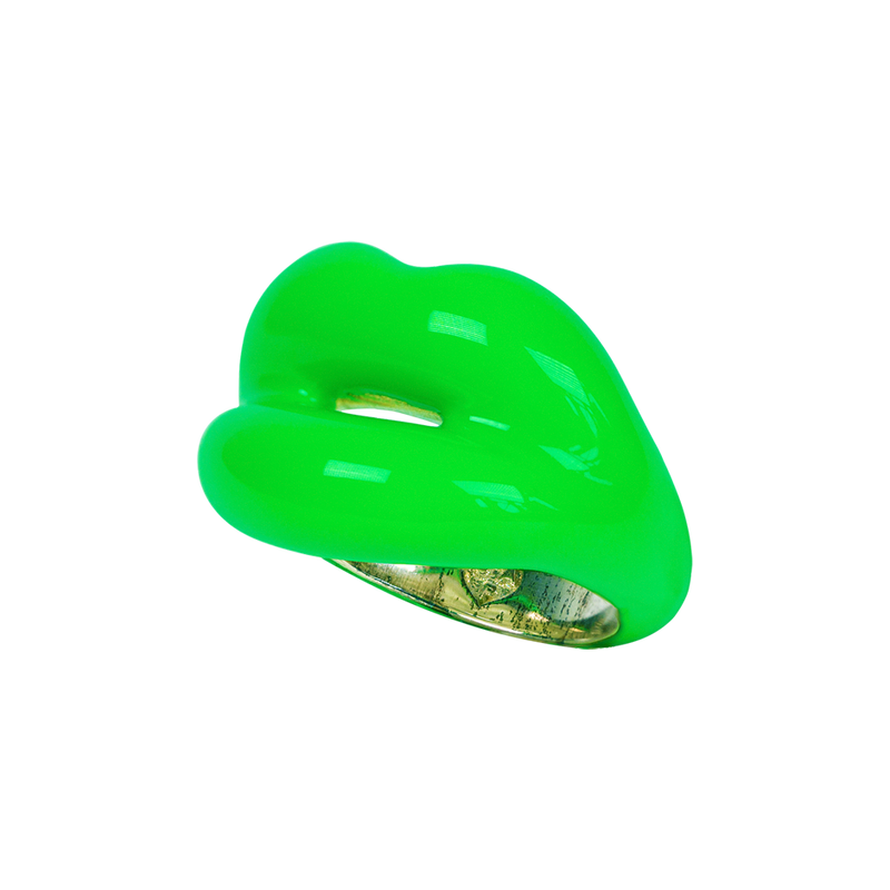 Neon Green silver and enamel Hotlips ring side view