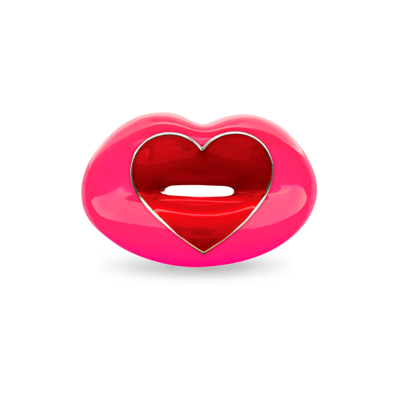 Loveheart Hotlips ring in neon pink by Solange front view