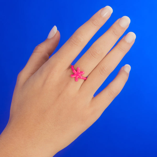 Pisces Hotglyph Zodiac Ring Neon Pink Enamel and Sterling Silver by Hotlips by Solange On Hand