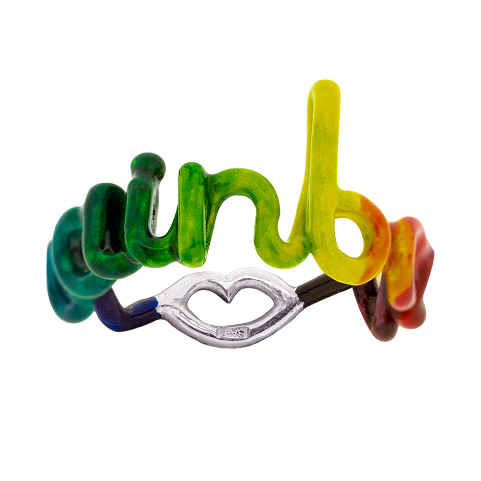 Rainbow Hotscript word ring in multicoloured rainbow enamel front view