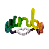 Rainbow Hotscript word ring in multicoloured rainbow enamel front view