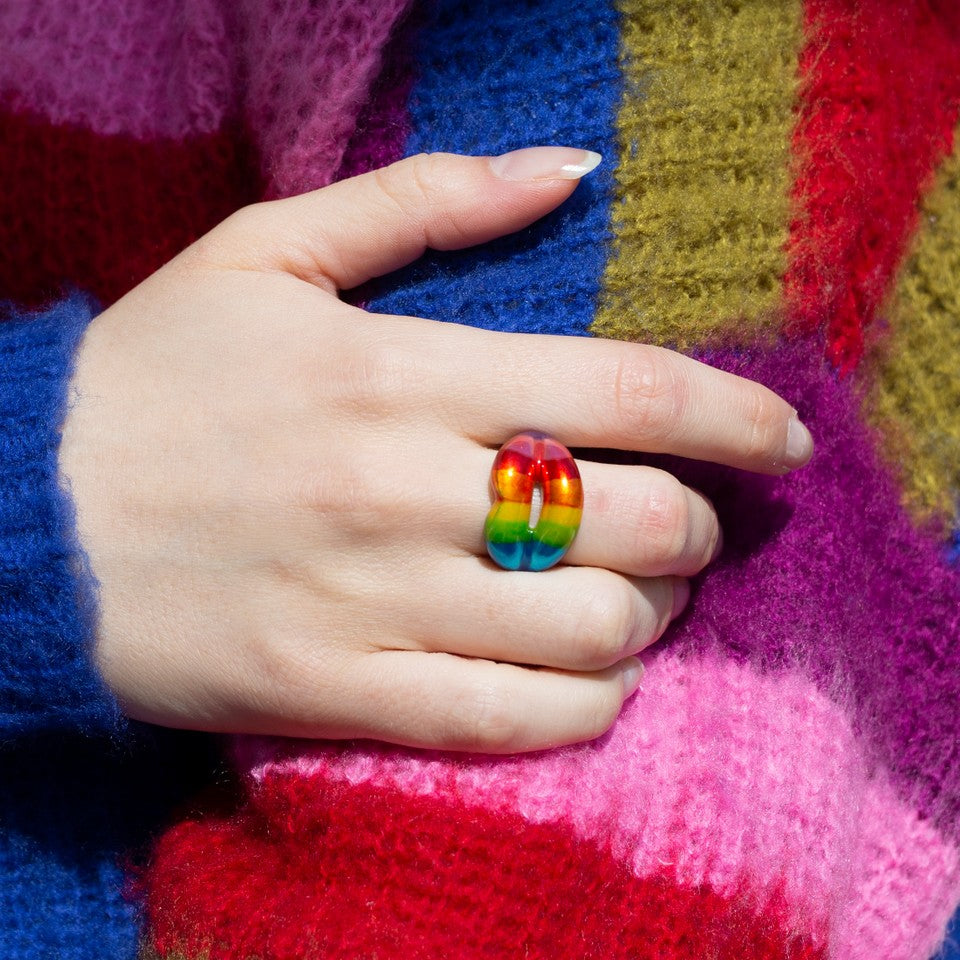 Rainbow Hotlips ring in silver and enamel on hand rainbow jumper sweater