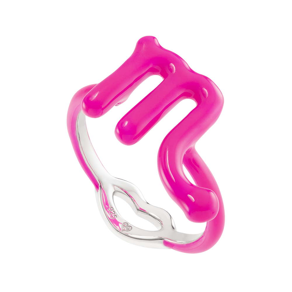 Scorpio Hotglyph Zodiac Ring Neon Pink Enamel and Sterling Silver by Hotlips by Solange Angled View