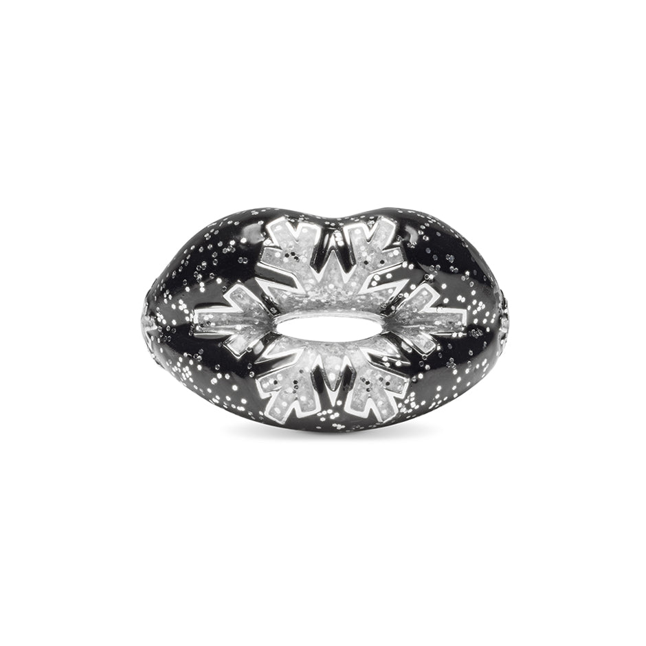 Glitter Silver Snowflake Hotlips enamel ring by Solange front view