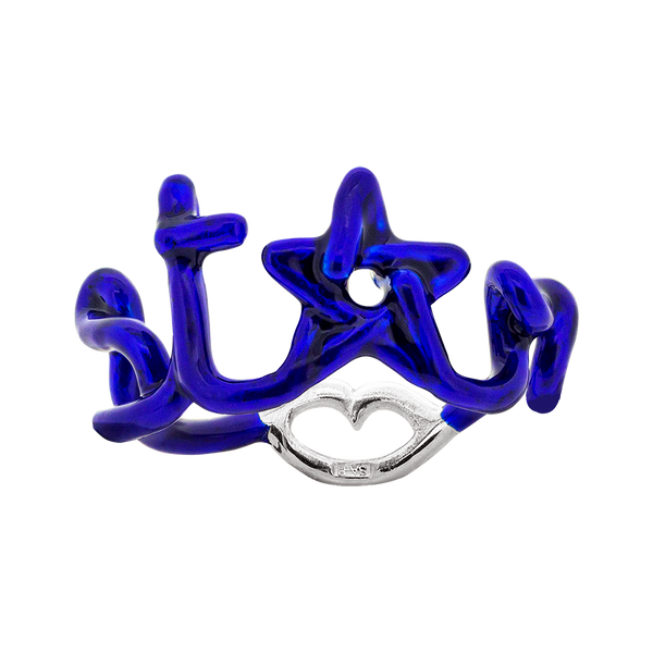 Star Hotscripts Ring Midnight Blue Enamel and Silver front view