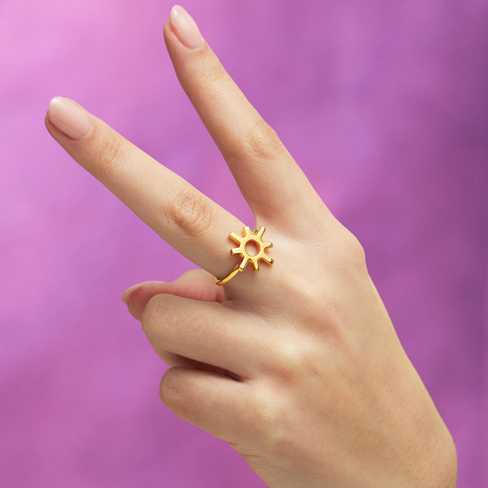 Sun Motif Hotglyph Ring in Gold Plated Silver Vermeil by Hotlips by Solange On Models Hand