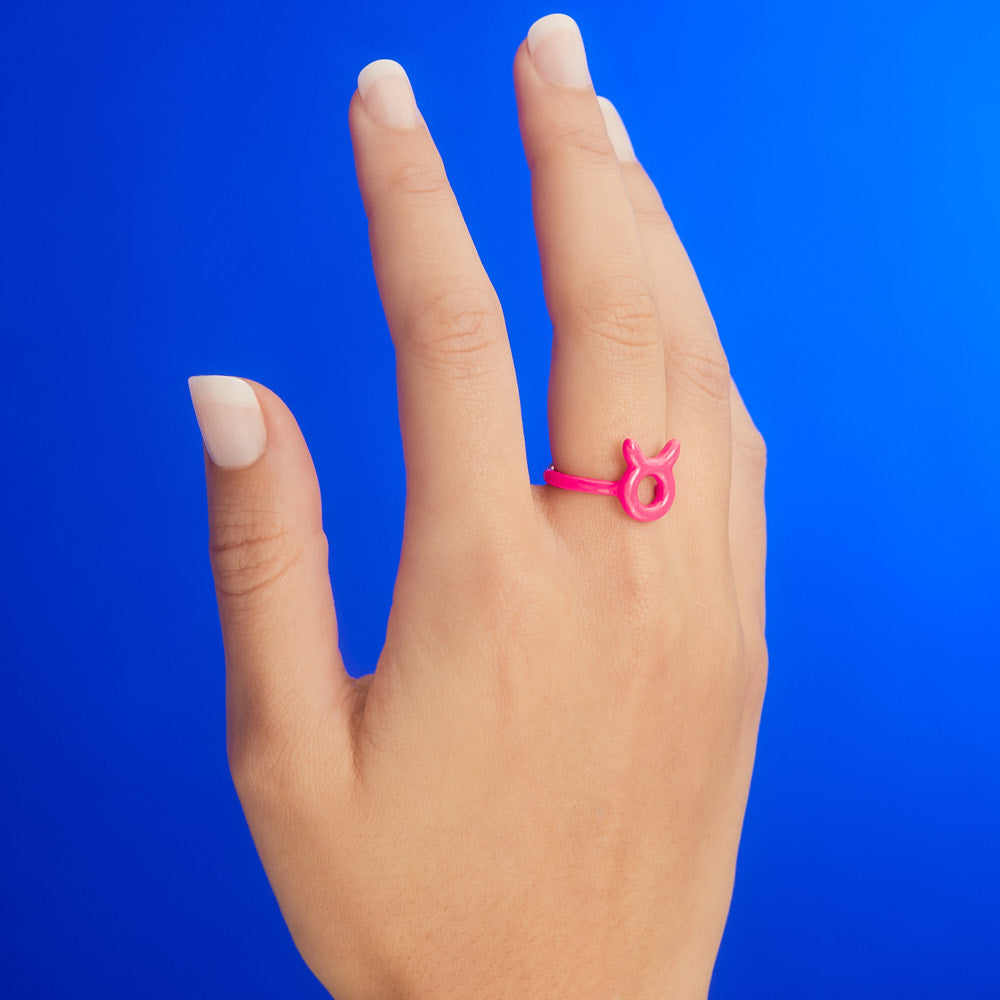 Taurus Hotglyph Zodiac Ring Neon Pink Enamel and Sterling Silver by Hotlips by Solange On Hand