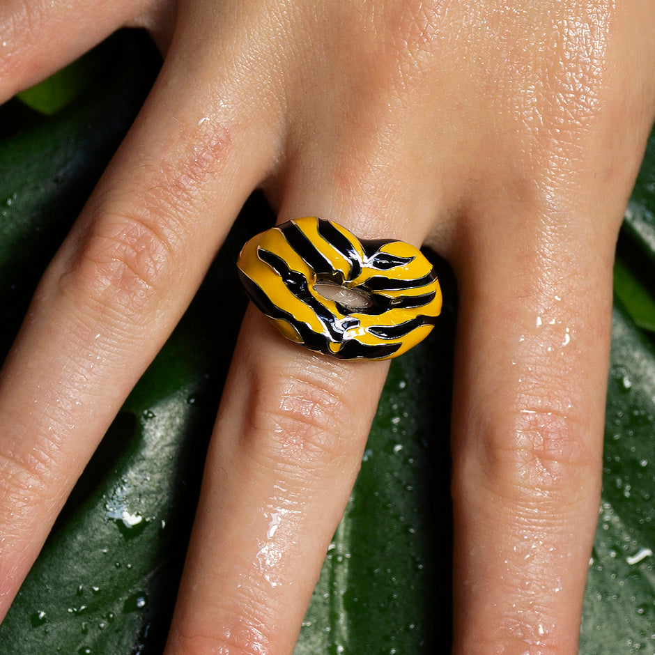 Tiger enamel and silver Hotlips ring by Solange on hand
