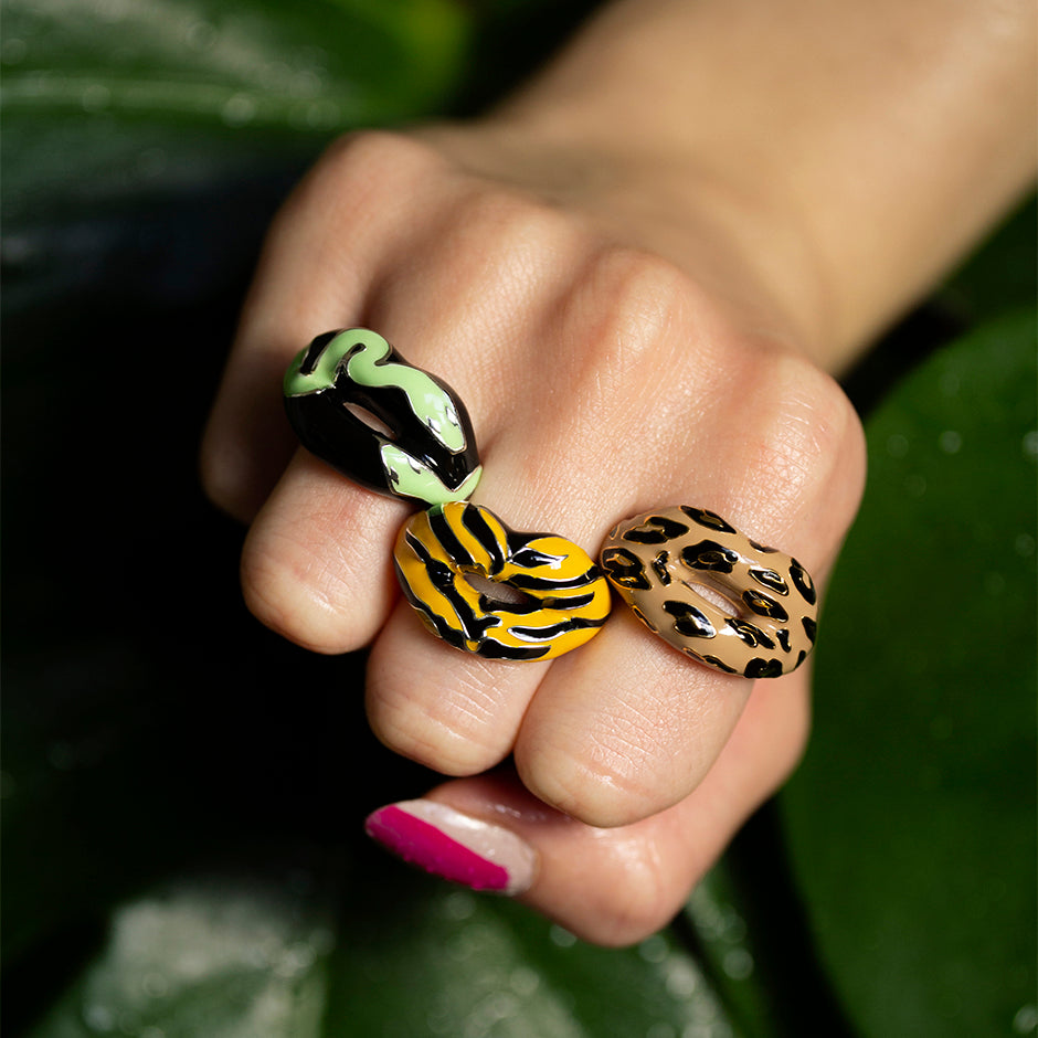 Leopard Tiger and Snake Hotlips silver and enamel rings on hand