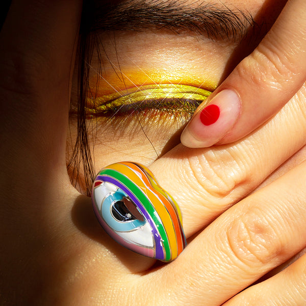 Trompe L'oeil Eye Hotlips Ring by Solange on hand yellow eyeshadow