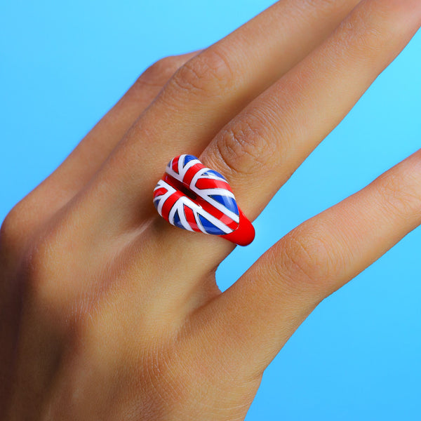 Union Jack Hotlips Enamel & Silver Flag Lip Shaped Ring by Solange Azagury-Patridge on hand