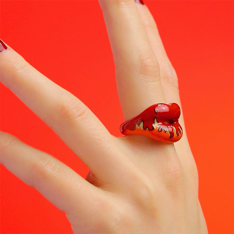 Very Red Flames Enamel Hotlips Lip ring in Red and Orange by Solange on hand