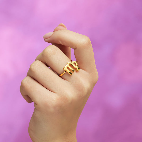 Virgo Zodiac Hotglyph Ring in Gold Plated Silver Vermeil by Hotlips by Solange On Models Hand